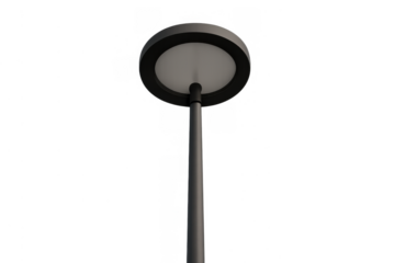 Modern minimalist outdoor street light with a circular led lamp and dark gray pole, transparent background