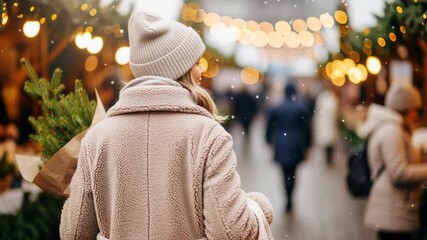 woman shopping at winter market carrying oranges and small christmas tree with festive lights - Powered by Adobe