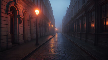 Mysterious city street in the fog at night, illuminated by streetlights.
