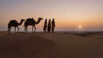 Three wise men, also known as the magi, standing on a sand dune with their camels, following the bright star of bethlehem in the desert during a beautiful, serene sunset on their journey