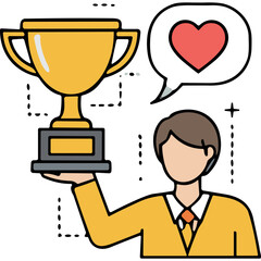 Man Holding Golden Trophy Award With Heart Symbol In Speech Bubble Celebrating Victory And Achievement In Business And Sports Competition Winning Success Goal Reached Top Performance Recognition