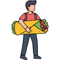 Man Holding Large Burrito Wrapped in Yellow Paper with Backpack and Casual Clothing Isolated on Black Background