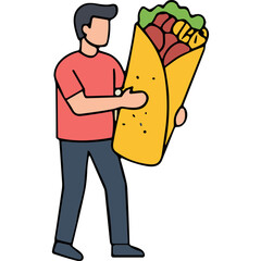 Man Holding Large Burrito With Colorful Fillings In Flat Design Style Isolated On Black Background With Clipping Path