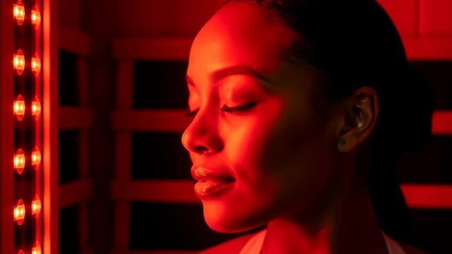 woman enjoying relaxation in infrared sauna with soft red lighting and serene atmosphere