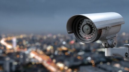 CCTV Camera Shows Scrambled Feed Indicating a Security Breach in Urban Area at Night With Visible City Lights in the Background