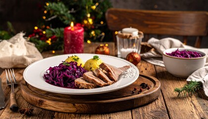 Ein klassischer deutscher Sauerbraten wird zusammen mit geschmortem Rotkohl und Kartoffelkl&ouml;&szlig;en