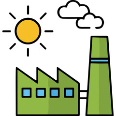 Green Factory Building With Tall Chimney Under Yellow Sun With Blue Accents And Jagged Roofline Against Dark Background Simple Flat Illustration