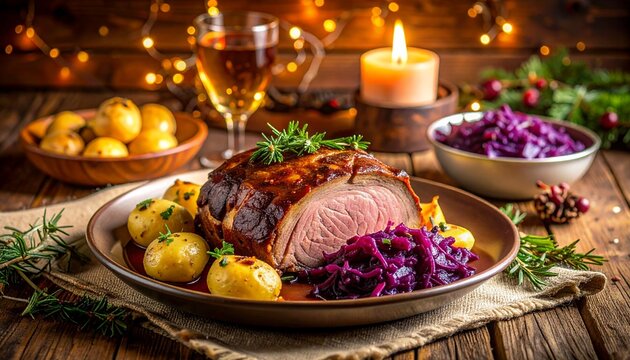 Ein klassischer deutscher Sauerbraten wird zusammen mit geschmortem Rotkohl und Kartoffelkl&ouml;&szlig;en
