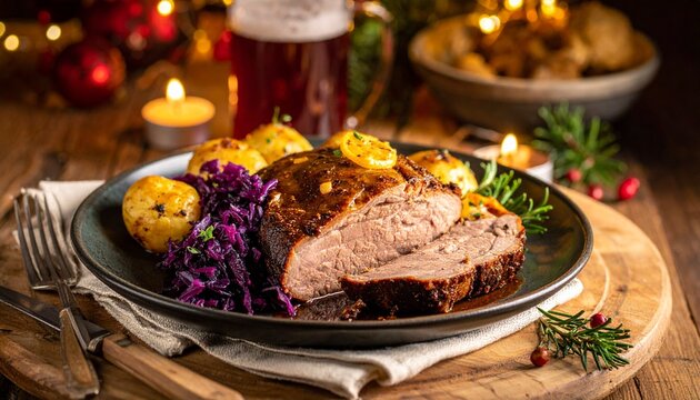Ein klassischer deutscher Sauerbraten wird zusammen mit geschmortem Rotkohl und Kartoffelkl&ouml;&szlig;en