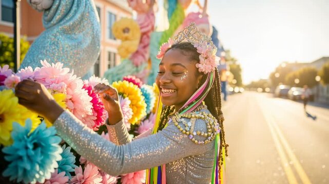 joyful girl decorating colorful parade float at festive street celebration in sunny weather
