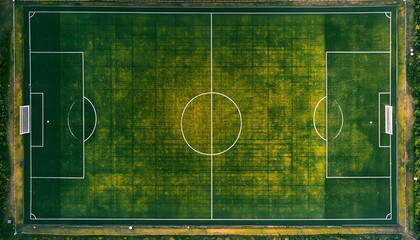 Aerial view of a vibrant soccer field with clear markings and lush green grass. Ideal for showcasing sports activities, teamwork, and athletic events.