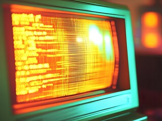 Obraz premium Close-up of a glowing vintage computer monitor with vibrant orange graphics, showcasing retro technology and digital evolution.