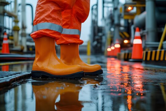 Close-up of bright orange boots standing in water on an industrial site. Safety attire reflects professionalism and adherence to safety standards in a working environment.