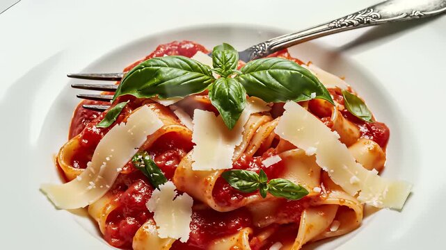 Freshly prepared pasta dish with tomato sauce and basil, capturing the cozy concept of Italian comfort food perfect for cooking shows or restaurant advertisements showcasing warm, inviting.