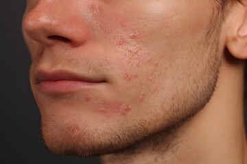 Fototapeta premium Young man with acne on his face looking thoughtfully to the side in a neutral setting