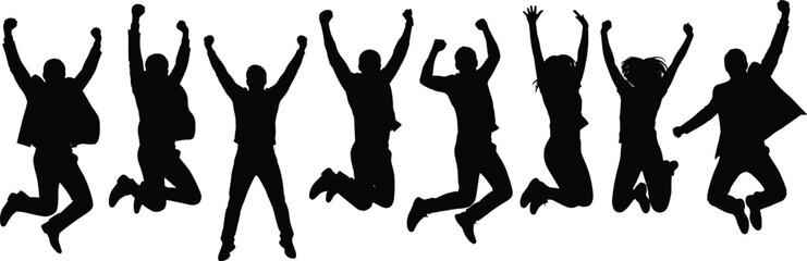 Silhouette group of people jumping in celebration showing excitement, teamwork energy, joyful success, freedom expression and dynamic victory moment on white background