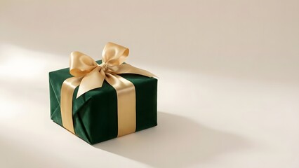 Fototapeta premium Elegant dark green velvet gift box with a luxurious gold satin ribbon bow on a neutral background with soft shadows.