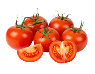 Several ripe, red tomatoes on a black background, with one sliced to show interior