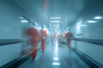 Medical staff in orange uniforms moving through a busy hospital corridor during evening hours
