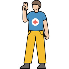 Obraz premium Man in Blue T Shirt With Red and White Cross Symbol Holding a Small Vial With Yellow Pants and Gray Shoes Standing Against Black Background