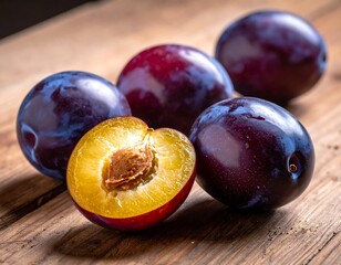 Ripe Plums on Wooden Surface - A Close-Up Still Life.