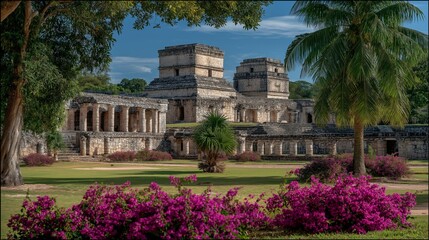 Obraz premium Ancient Citadel Amidst Blossoms: A stunning capture of an old citadel, its aged stones narrating tales of a bygone era. The scene is elegantly framed by vibrant blossoms and towering trees.
