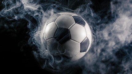 Naklejka premium Soccer ball spinning in smoke against dark background concept of frozen lake 
