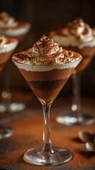 Chocolate dessert served in glass with whipped cream and cocoa powder  