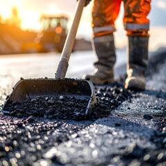 Road Construction Worker Smoothing Asphalt with Shovel on a Sunny Day.