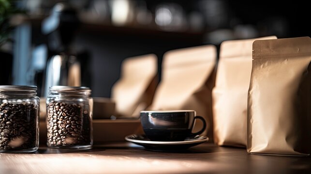 Coffee cup on table with coffee beans and packaging in cafe setting   - Powered by Adobe