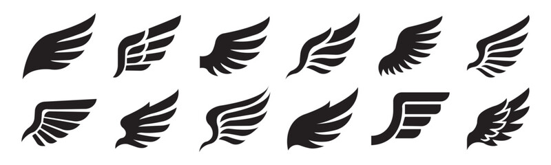 Set of black wing icons in solid style, various angel and bird wing shapes, minimal silhouette collection of flying wing symbols, decorative aviation fantasy elements