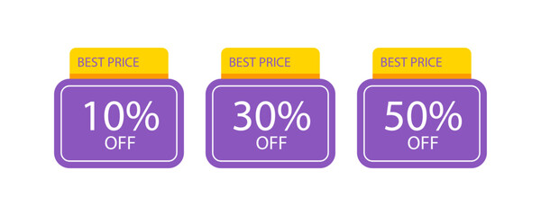 Three purple labels with big sale text