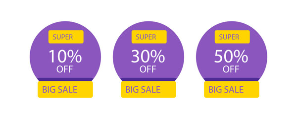 Three purple labels with big sale text