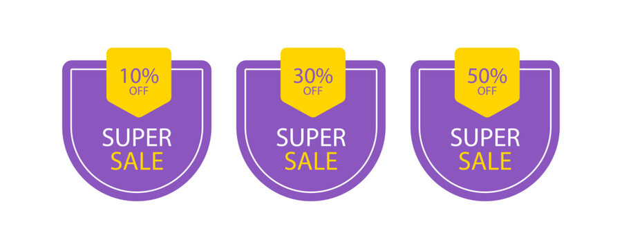 Three purple labels with big sale text