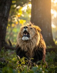 Roaring Lion in the Forest - A Majestic Wildlife Encounter.