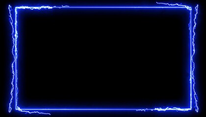 A glowing, electric blue rectangular frame with jagged edges, against a stark black backdrop