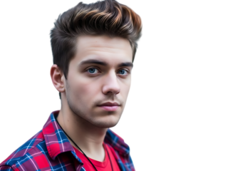 Close up portrait of a young man with stylish hair and a plaid shirt against a dark background