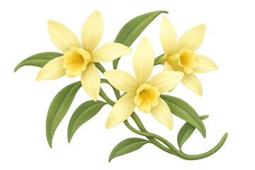 Vanilla orchid flowers blooming with green leaves, creating a botanical illustration on transparent background
