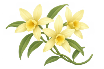 Vanilla orchid flowers blooming with green leaves, creating a botanical illustration on transparent background