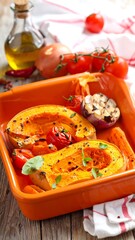 Roasted Butternut Squash with Garlic and Tomatoes in Orange Dish.