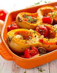 Roasted Butternut Squash with Tomatoes and Herbs in Orange Dish.