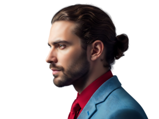 Stylish man with beard and bun hairstyle wearing a blue suit and red shirt posing against a dark background