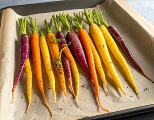 Roasted Rainbow Carrots on Baking Sheet - A Colorful and Healthy Side Dish.