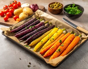 Roasted Rainbow Carrots with Herbs and Vegetables on Baking Sheet.