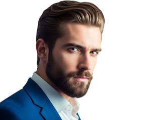 Close up portrait of a handsome confident man with a beard and stylish hair wearing a blue suit and white shirt