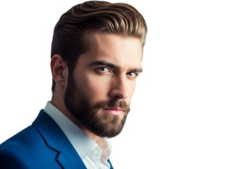 Close up portrait of a handsome confident man with a beard and stylish hair wearing a blue suit and white shirt