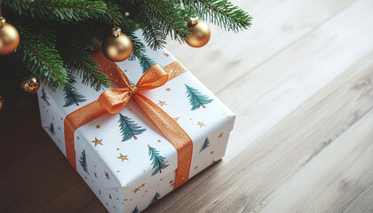 A wrapped gift box with an orange ribbon and Christmas tree branches on a wooden floor, conveying a merry Christmas mood with warm tones.