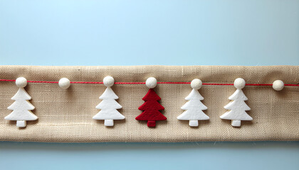 Merry Christmas decorative garland with white and red tree ornaments on a burlap background with a festive holiday mood.
