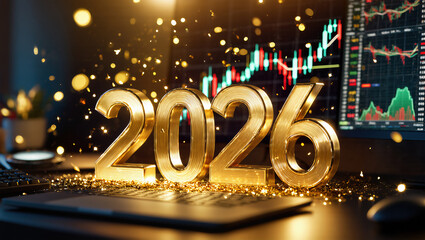 Golden 2026 celebrated with sparkling lights and rising stock market charts.