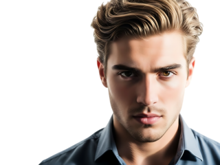 Close up portrait of a handsome young man with styled blonde hair and intense eyes against a dark background